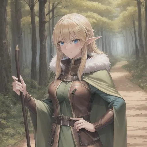 Prompt: Blonde Elf Woman, wearing a Fur cloak, on a trail in the woods, using a walking stick, Hunter, Ranger, medieval High Fantasy, serious expression
