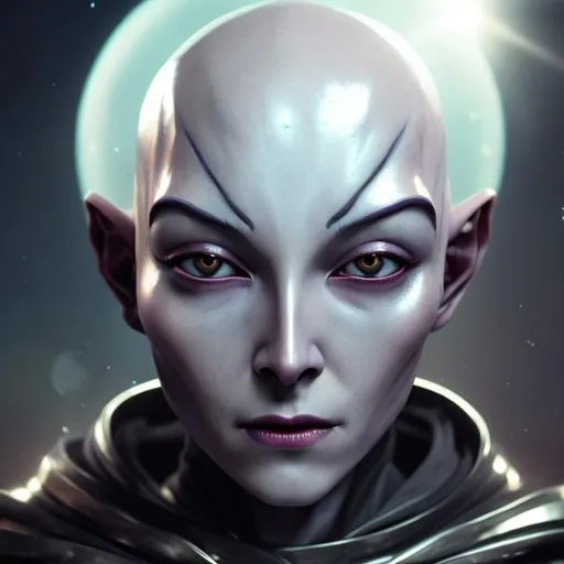 Prompt: androgynous, benevolent, innocent, ALIEN femme, metallic skin, bald, soft expression, full lips, black eyes, holding an orb, wearing cloak, surrounded by outer space