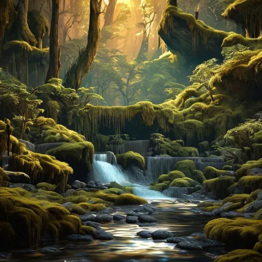 Prompt: River, cascading waterfall, daytime forest background, cave, gorge, mossy rocks, rule of thirds, golden hour, golden ratio, long exposure, Hyperrealism, lightshafts, soft dramatic lighting, ultra high quality octane render, trending on artstation, sublime. hypermaximalist.