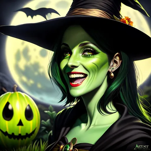 Prompt: head shot, detailed painting, skinny scary ugly witch, laughing, green skin, black hair, outdoor, ghosts, HDR, UHD, 64K, highly detailed, studio lighting, Professional, trending on
artstation, harvest moon