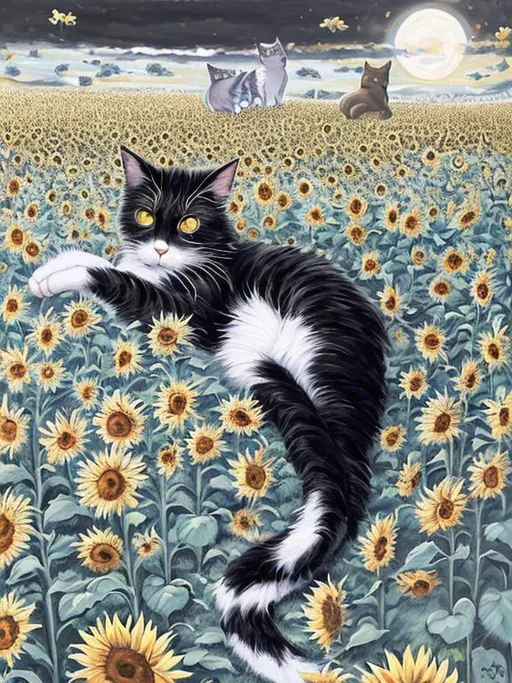 Prompt: full length oil painting of cozy cat with white and black fur| laying in a field of sunflowers| daytime| sunshine| background is flying sparkling fairies| highly detailed| catnip spirals