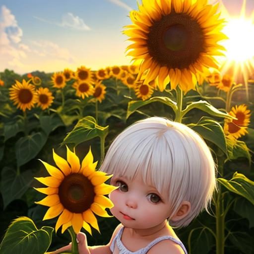 Cute little girl white short hairs, a sun flower, an... | OpenArt