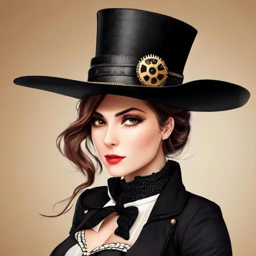 Prompt: steampunk female wearing a black tophat