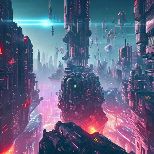 Prompt: Floating cities filled with futuristic cyberpunk signs and billions of people surround by laser gun fire and explosions.