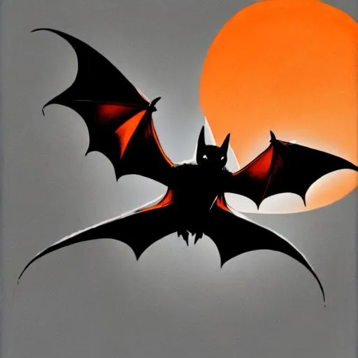 Prompt: Bat in Flight, Phantom Ghostly Dark Orange Bat, Sobering Reminder of Acts of Vacillation in order to Remain Neutral Turning Vile