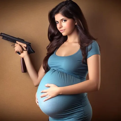 Prompt: pregnant beautiful girl with gun 