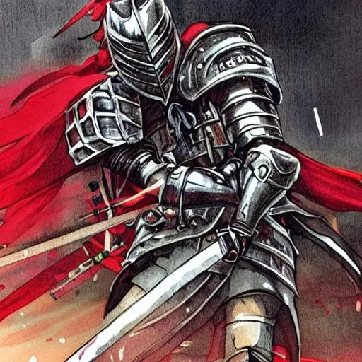 Prompt: . Anime style knight wearing royal knight armor, color is black primary and red secondary. red and black long sword in both hands.  knights dead behind him and in front of him. on a battlefield. Mist behind him. Dramatic. Middle Ages. 100's of enemy knights Infront of him fighting, enemy is wearing silver and white knight armor. 