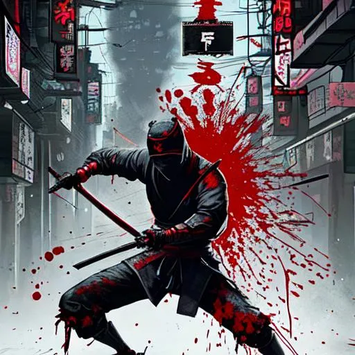 Prompt: Ninja wielding Katana chopping off Leg of Samurai while Blood Splatters Everywhere in Cyber Punk City in Same Scene
