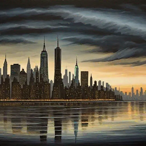 Prompt: Please create a painting of the Manhattan skyline in the style of Caspar David Friedrich