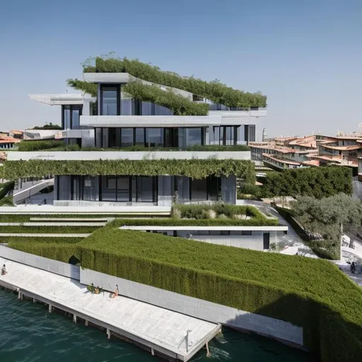 Prompt: A complete body form of a stunningly beautiful, hyper realistic sustainable with gardens city building in Chioggia