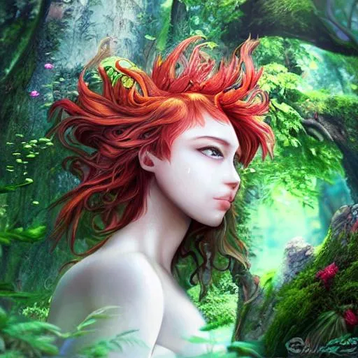 Prompt:  Insanely detailed elaborate beautiful hyper detailed nature forest greek god anime female  pale red hair flowing from head with moss and flowers growing on sides 8k resolution ambient god rays from sides 