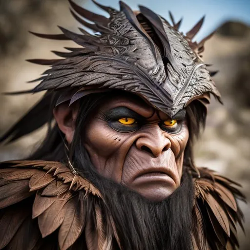 Prompt: Mangol warrior face, in front of the camera, furious, two feathers on both tops sides of the halmet.