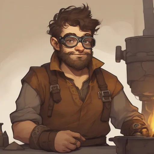 Prompt: dnd a male halfling wearing a messy brown shirt and brass goggles on his forehead with a messy stubble beard in a forge