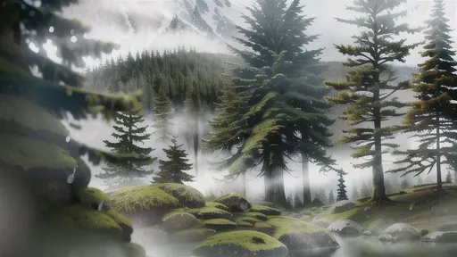 Prompt: washington state, pnw, fog, forest, evergreen, wet, nature, mossy stone, clouds, mountains