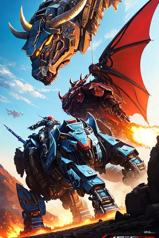 Prompt: 2 mechs fighting, Poster art, high-quality high-detail highly-detailed breathtaking hero ((by Aleksi Briclot and Stanley Artgerm Lau)) - ((Bull )), bull head, UHD, 64k, full form, bull helmet, fighting a dragon mech, dragon mech black and blue, detailed carbon fibre red and black and ultra white mech suit, 8k mech helmet, detailed glowing chest emblem, detailed mech futuristic full body, highly detailed bull face, smoke from nostrils,  with mech armor, add some green,walking through destroyed city ,carbon fibre helmet, red mech armor, fire eyes , detailed skin, detailed mech armour, full body, futuristic mech armor, wearing mech armour suit, 8k,  full form, detailed forest wilderness setting, full form, epic, 8k HD, ice, fire, luminescence , sharp focus, ultra realistic clarity. Hyper realistic, Detailed face, portrait, realistic, close to perfection, more black in the armour, full body, high quality cell shaded illustration, ((full body)), dynamic pose, perfect anatomy, centered, freedom, soul, blonde long hair, approach to perfection, cell shading, 8k , cinematic dramatic atmosphere, watercolor painting, global illumination, detailed and intricate environment, artstation, concept art, fluid and sharp focus, volumetric lighting, cinematic lighting, 
