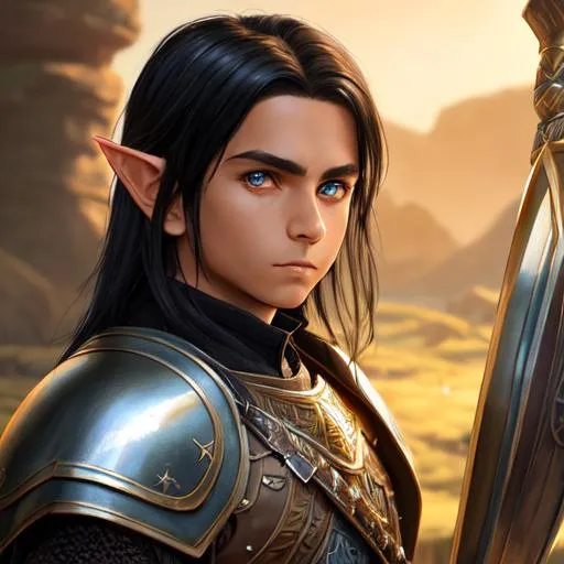 Prompt: oil painting, fantasy, hobbit boy, tanned-skinned-male, beautiful, bright black hair, straight hair, stoic, pointed ears, looking at the viewer, warrior wearing intricate armor and shield, #3238, UHD, hd , 8k eyes, detailed face, big anime dreamy eyes, 8k eyes, intricate details, insanely detailed, masterpiece, cinematic lighting, 8k, complementary colors, golden ratio, octane render, volumetric lighting, unreal 5, artwork, concept art, cover, top model, light on hair colorful glamourous hyperdetailed medieval city background, intricate hyperdetailed breathtaking colorful glamorous scenic view landscape, ultra-fine details, hyper-focused, deep colors, dramatic lighting, ambient lighting god rays, flowers, garden | by sakimi chan, artgerm, wlop, pixiv, tumblr, instagram, deviantart