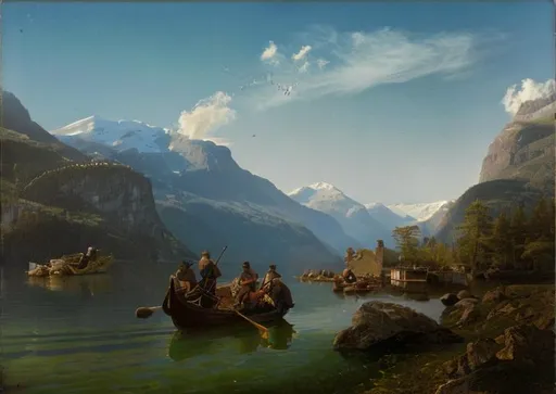 Prompt: fine art photography, Norwegian fjord landscape in the style of National Romanticism, recapturing Adolph Tidemand, "Brudeferd i Hardanger", one small boat with many people, slowly rowing on the fjord