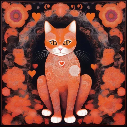 Prompt: Negative Gate, the void, plush living cat, heart, flower, orange and red, best quality, masterpiece, in psychedelic style