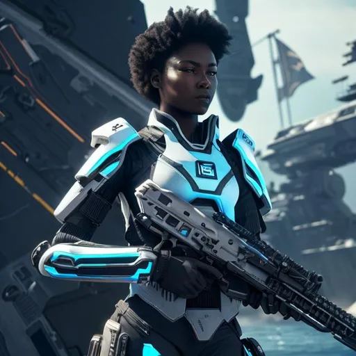 Prompt: Strong dark skinned woman with shaven hair in military stance holding a futuristic rifle wearing futuristic blue armor in front of a black flag. 8K hyperrealistic, imperial, military, futuristic, space.