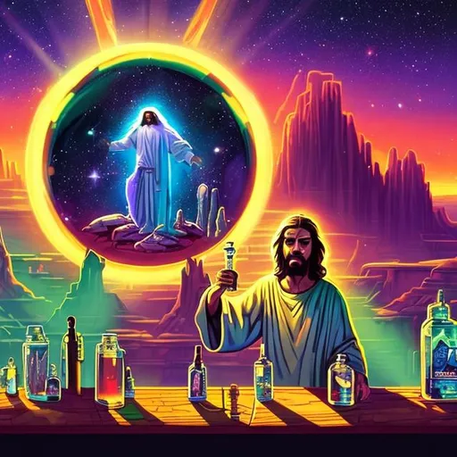 Prompt: widescreen, photo, painting, longshot, wide view, overhead lighting, jesus with his alien jesus brother smoking a clear crystal bong at the bar, in an exotic space cantina, vibrant galaxy background, surprise me