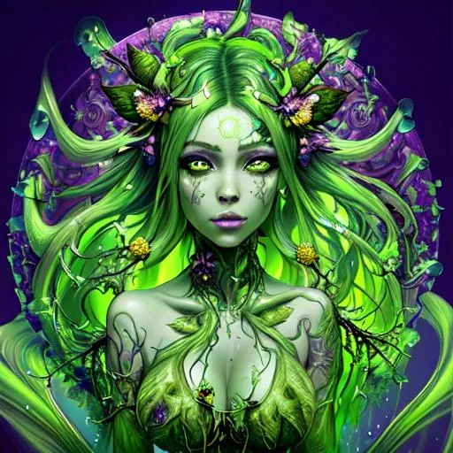 Prompt: Beautiful Poison goddess covered in uranium with detailed green features in a vat of acid with illuminating drops, biohazard; by anna dittmann, floradriel, digital painting, extreme detail, 120k, ultra hd, hyper detailed, toxic, wlop, digital painting, bright green body, covered in Ivy dress, anime character, background digital painting, digital illustration, extreme detail, digital art, ultra hd, vintage photography, beautiful, aesthetic, style, hd photography, hyperrealism, extreme long shot, telephoto lens, motion blur, wide angle lens, sweet,