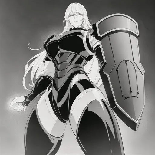 Prompt: medieval male humanoid robot with  gigant shield instead of a hand, monochrome black body, White background