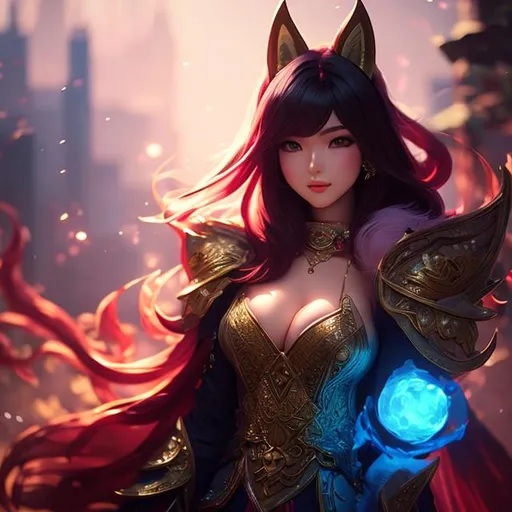 Prompt: upper torso portrait of league of legend's Ahri wearing fantasy robe, fox like, soft lighting, perfect composition, cinematic, video game trailer, dramatic, detailed painting, 8k, octane render, by makoto shinkai, stanley artgerm lau, wlop, rossdraws, concept art, digital painting, looking into camera,