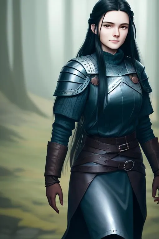 Prompt: Digital Art, in frame, 23-year-old viking woman, a subtle smile, long black hair with a middle part, hair with volume, dark purple gear, dark purple armor, dark purple eyes, a dark purple long-sleeve shirt, dark purple pants dragon scale armored skirt down to knees, leather boots, unreal engine 64k octane, hdr, 3d lighting, full body, full armor