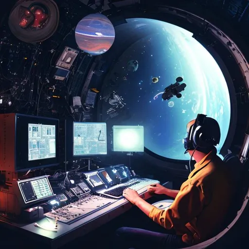 Prompt: engineer using a computer floating in outer space