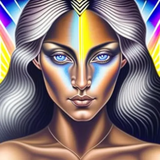 Prompt:  The geometric background is backlit in the style of Alex Grey, the foreground is in the style of Botticelli. A beautiful indigenous  woman, with gray hair, four gray-colored eyes, one set of eyes over the top of the other set of eyes