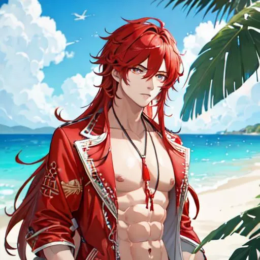 Prompt: Zerif 1male (Red side-swept hair covering his right eye) at the beach, 8k, UHD, highly detailed, insane detail, masculine, wearing tropical attire