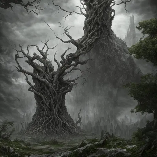 Prompt: fantasy setting, a medieval castle with walls resembling an ancient tree with deep roots, HD, hdr, dark setting, wet graphite, 4k, hyper-realistic, photo realistic