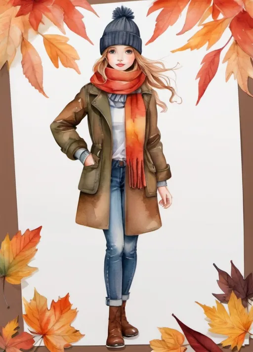 Prompt: young girl, autumn outerwear, jacket,  scarf, hat, a lot of details, high quality, standing straight, arms to the sides, paper doll, watercolor,