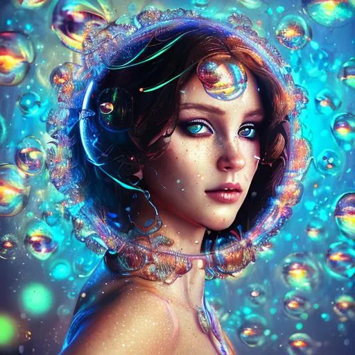 Prompt: intricate portrait of Goddess with Thrid eye in the universe, beautiful, open bubbles, metal, color, flowers, ornate, intricate, flowing, neon, led, fractals, hyper-detailed, 64K, UHD, HDR, unreal engine, vivid colors