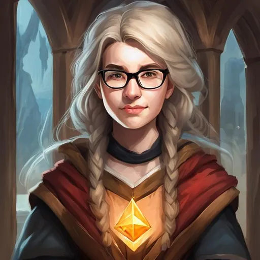 Prompt: Portrait of young librarian wizard female. Dnd