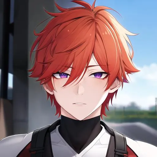 Prompt: Erikku male (short ginger hair, freckles, right eye blue left eye purple) UHD, 8K, Highly detailed, insane detail, best quality, high quality, Upset, muscular, riding a motorcycle