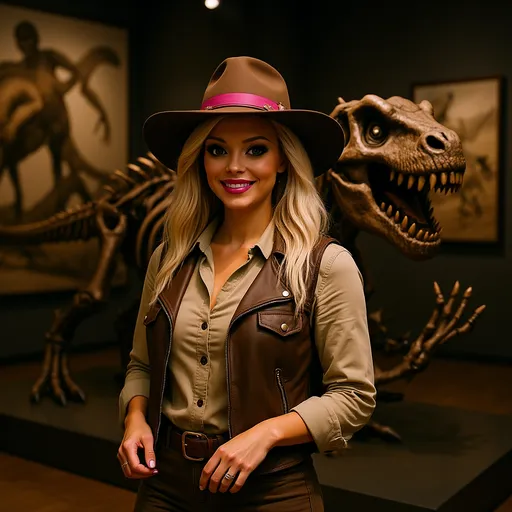 Prompt: Amidst the fascinating displays of a museum, a woman dressed in adventurous attire with striking details in her clothing—a leather vest over a beige shirt and a wide-brimmed hat with a pink band, beams with joy as she stands confidently in front of a massive Tyrannosaurus rex skeleton, its imposing jaws lined with menacing teeth framing her smile. The warmth in her expression contrasts strikingly with the prehistoric aura of the exhibit. The scene is illuminated by soft, warm lighting, enhancing the rich textures of both her attire and the fossilized bones behind her. Various dinosaur-related artifacts and illustrations are subtly blurred in the background, contributing to an atmosphere of wonder and curiosity that encapsulates the spirit of exploration and discovery. The juxtaposition of the vibrant personality against the ancient grandeur tells a compelling story of connection between past and present.