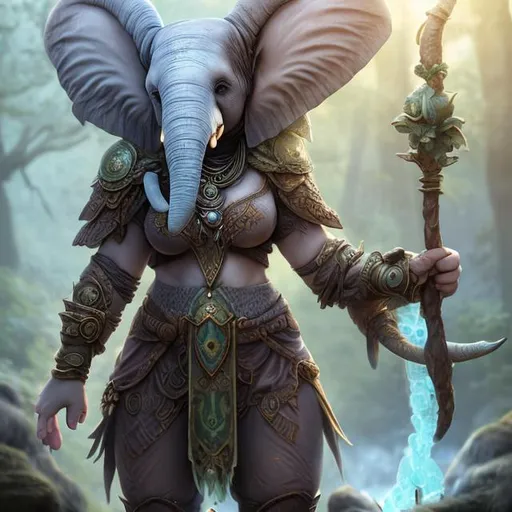 Prompt: d&d female druid loxodon, rpg character, D&d character, anthropomorphic baby elephant, complete and realistic elephant's trunk, full body, using blue leather druid armor, holdinh a druid staff, cute, gorgeous, beautiful, using natural jewelry, photorealistic, cinematik light, art station, strybk, 3D rendering, zbrush central contest winner, realistic beautiful big eyes, marc adamus, "cartoon animal portrait, cartoon cute, medieval druid dressed, ultra realistic, long shot, , realistic and natural, detailed full-color, nature, hd photography, perfect composition,, beautiful landscape, realistic and natural, detailed full-color, nature, hd photography,  perfect composition, ultra _ realistic, realistic cartoon, character portrait,  muted colors, watercolor style very detailed, 8k