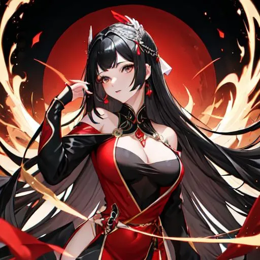 Prompt: Beautiful goddess with black hair and black eyes, with a full coverage red dress.