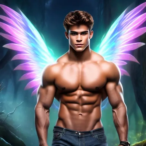 Prompt: Buff extremely muscular hunky handsome teenage  male model sprite with prismatic  wings  flying in the woods