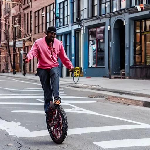 Prompt: a photograph of a black man riding a unicycle down the streets of Brooklyn while eating a German sausage   
