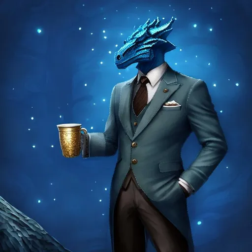Prompt: blue scaled dragonborn holding a cup, well-dressed, elegant cloths, high-res, fantasy, stylized,