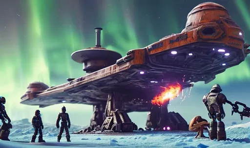 Prompt: huge old rusty spaceship getting repaired  by robots ice planet sparks fire welding people working aurora many colours   guard drinking milk enhance detail 