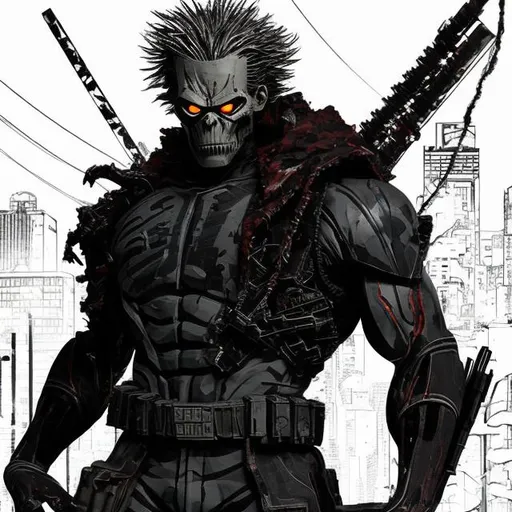 Prompt: Gritty Todd McFarlane style All Might, all black camo. Full body. Imperfect, Gritty, futuristic army-trained villain. Bloody. Hurt. Damaged. Accurate. realistic. evil eyes. Slow exposure. Detailed. Dirty. Dark and gritty. Post-apocalyptic Neo Tokyo .Futuristic. Shadows. Sinister. Armed. Fanatic. Intense. 