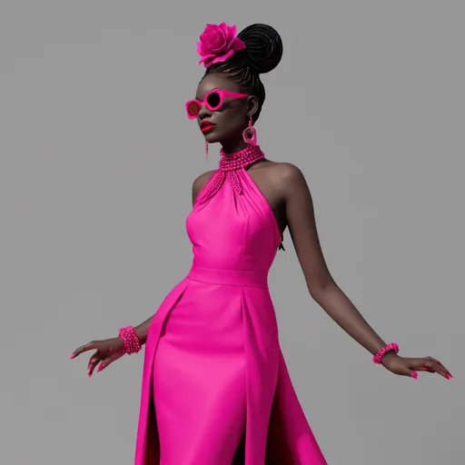 Prompt: Homestuck. Meenah Peixes. Fullbody view, plain background. Met gala, high quality render. High fashion. gray skin. Braids. Fuschia dress