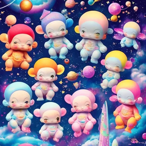 Prompt: Kewpies in outer space in the style of Lisa frank