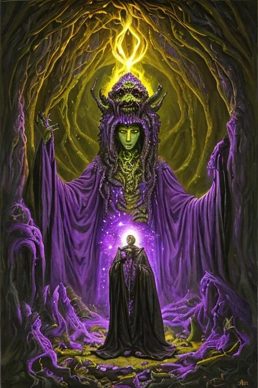 Prompt: Cosmic horror from H. P. Lovecraft.oil painting, hd, high quality, spider humanoid character,  ha a monster head, , wears a dark purple robe, is casting a spell, standing in a cavern light by torchlight, detailed 