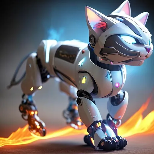 Prompt: Create an image of a robotic cat that exudes a sleek and futuristic design, equipped with jet flames shooting out from its back, paws, and tail. With an air of power and agility, the robotic cat traverses its surroundings, leaving trails of fiery propulsion, blending the charm of feline grace with the awe-inspiring force of advanced technology