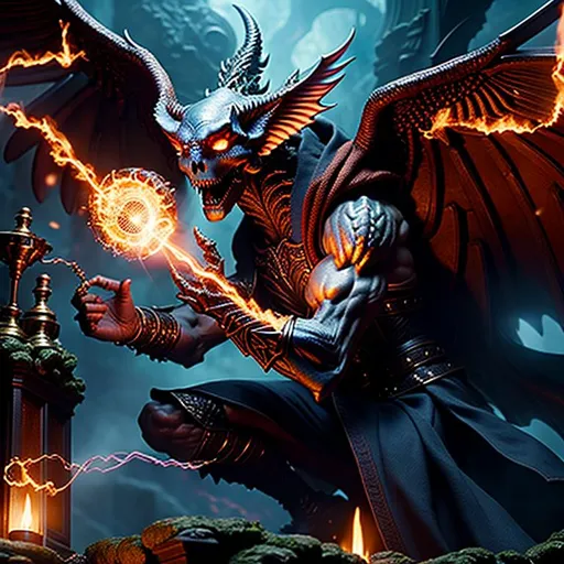 Prompt: (extremely detailed 8k wallpaper), a full body shot photo of a fearful undead gargoyle necromancer holds in left hand a wand and in the right hand he is casting a pulsing fireball, intricate, high detail, dramatic