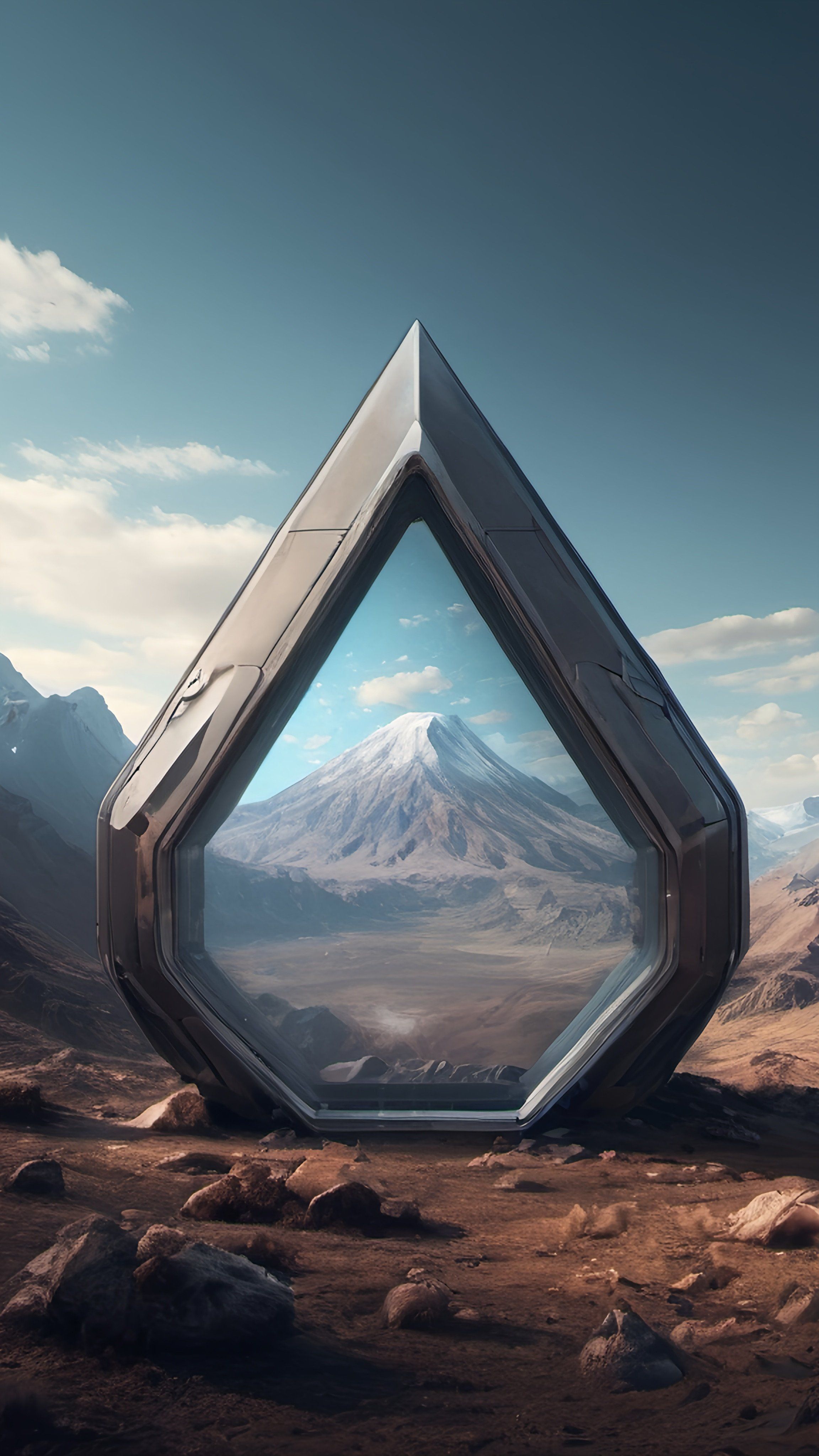 Prompt: a futuristic looking window in the middle of a desert landscape with mountains in the background and a sky with clouds